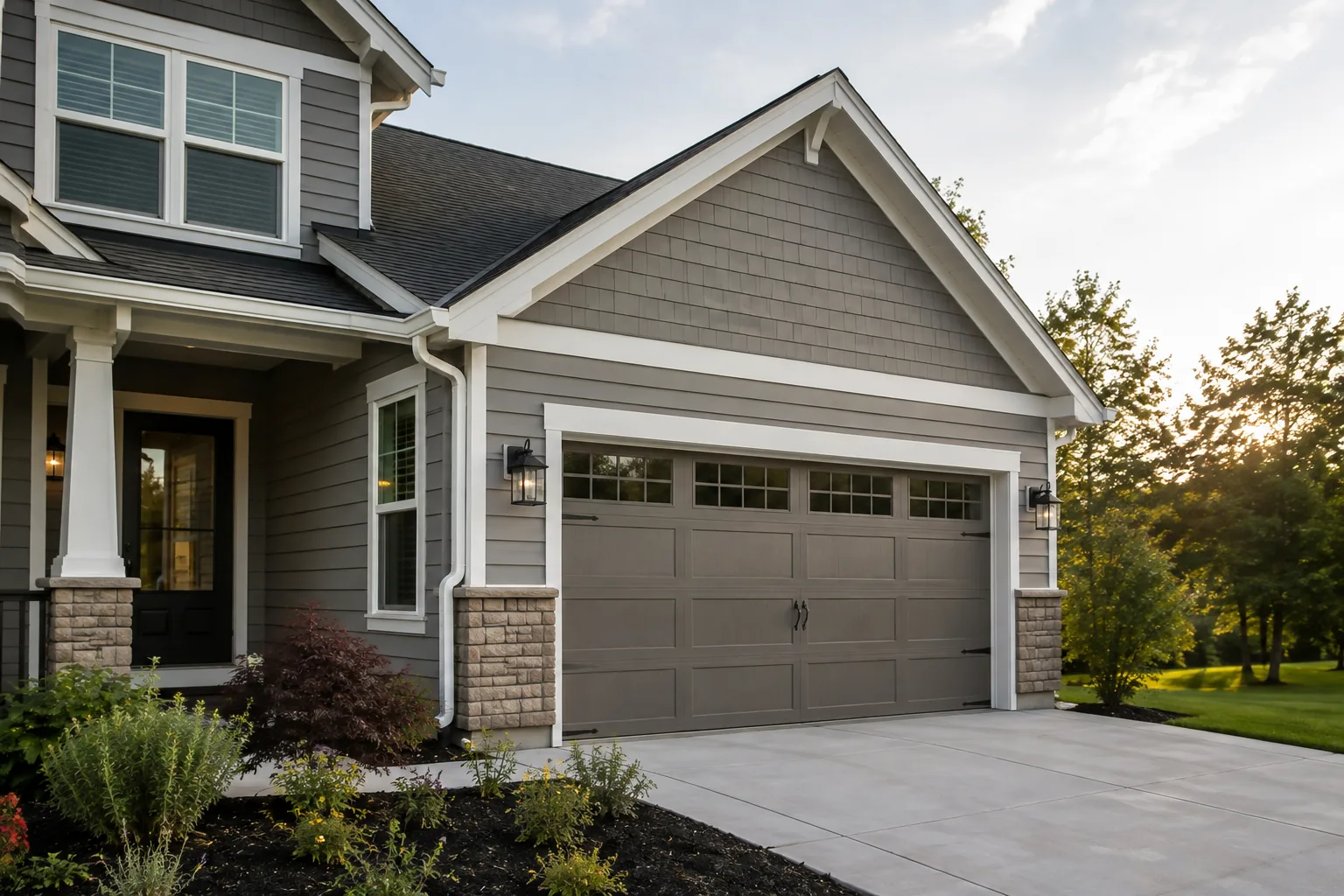 Attached two-car garage with matching siding and roofline joined to a home