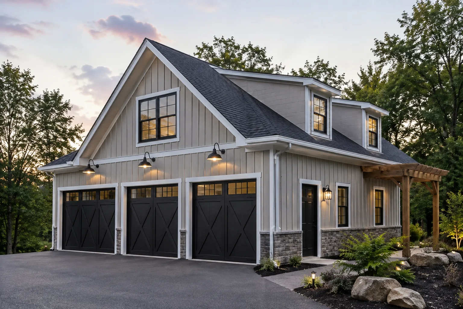 Custom three-bay garage with dormers, stone base and a timber pergola