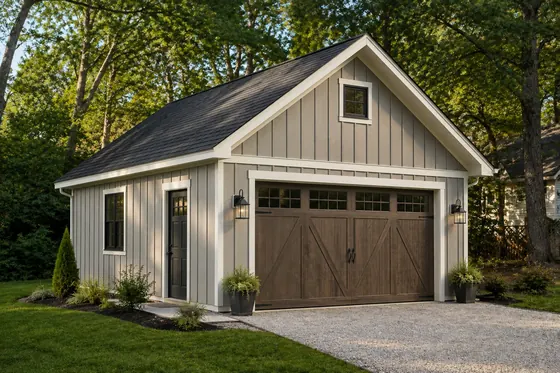 Detached garage with board-and-batten siding and wood-look doors