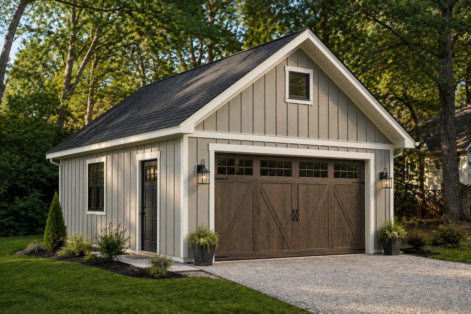 Detached garage with board-and-batten siding, wood-look doors and a side entry