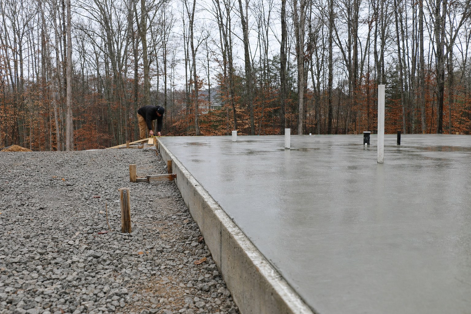 Concrete foundation prepared for a garage build