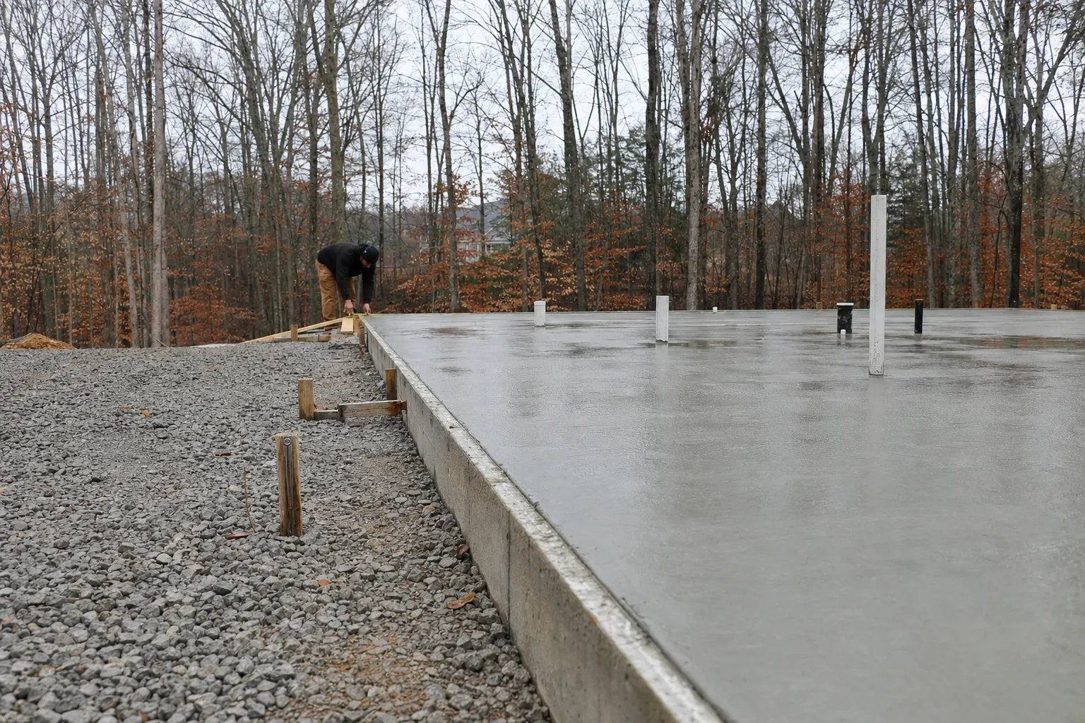 Concrete foundation prepared for a garage build