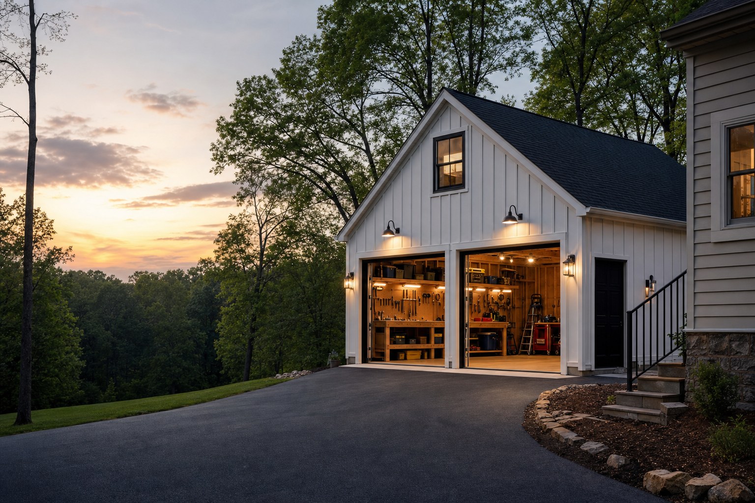 Detached two-car garage with open doors and a practical home workshop