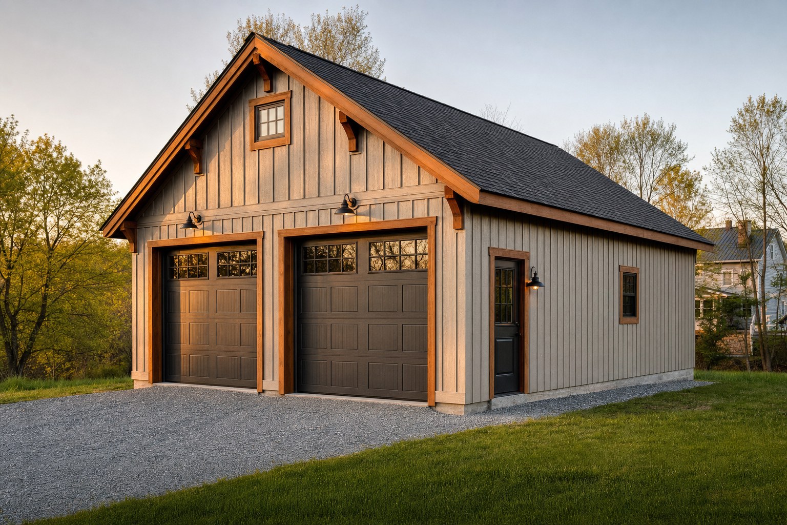 Detached garage with dark doors and a side entry door