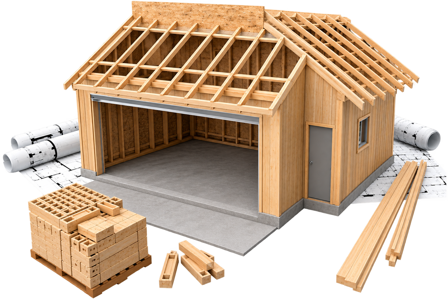 3D rendering of a timber garage being framed on a concrete slab with lumber and materials staged around it