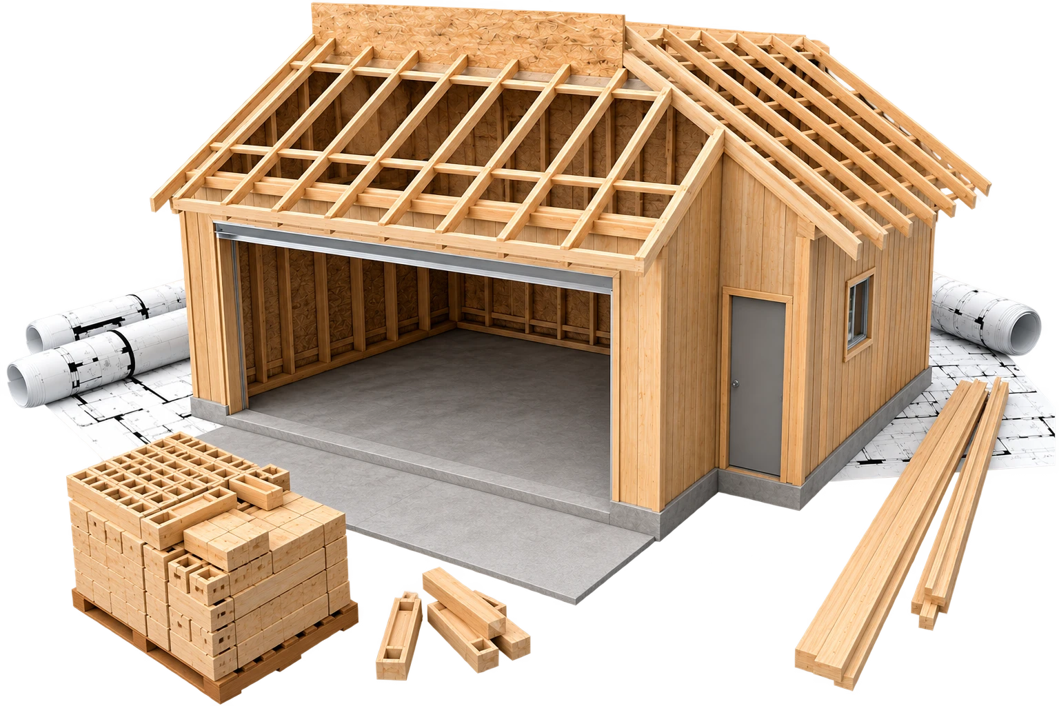 3D rendering of a garage being framed on a concrete slab