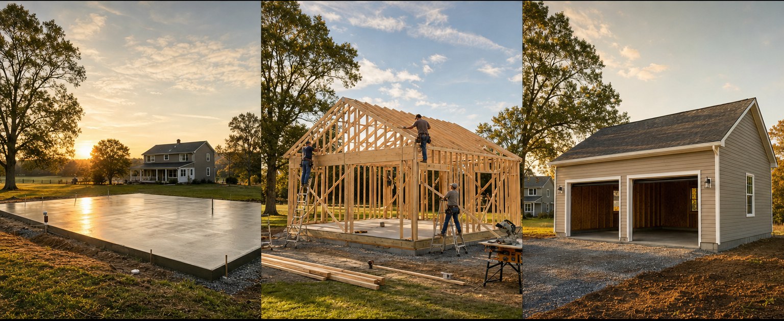 A garage build progressing from a prepared foundation to framing and an enclosed detached garage