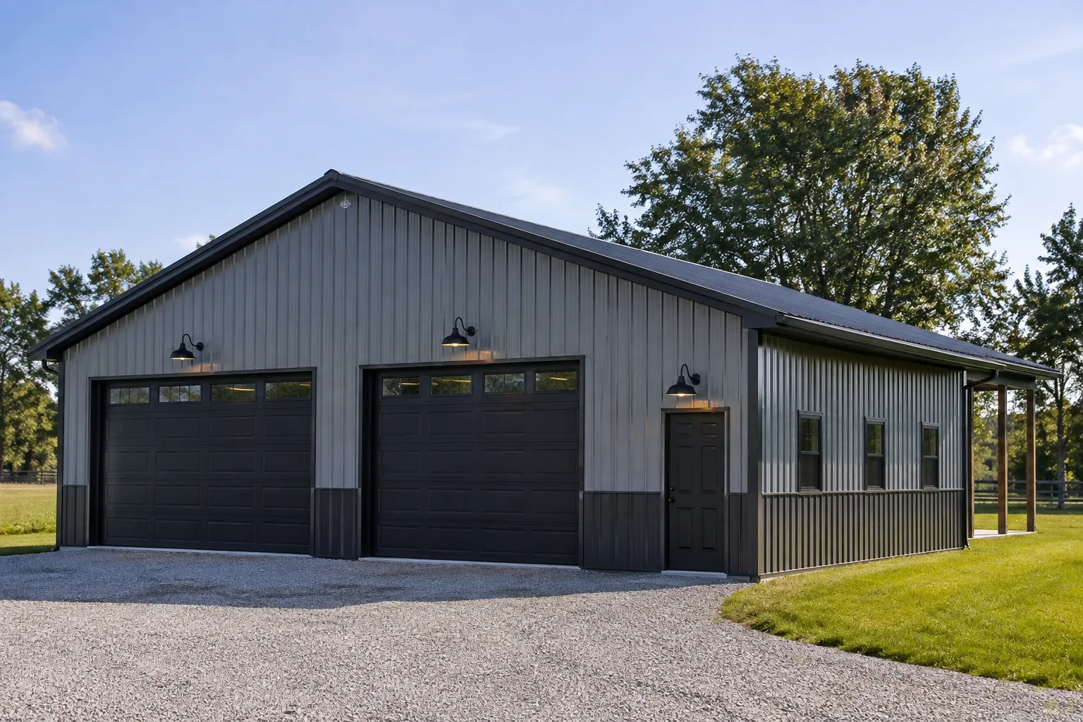 Post-frame pole barn garage with two tall bays and a covered side overhang