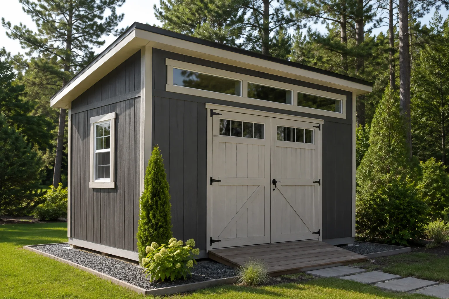Storage shed with a single-slope roof, transom windows and double doors