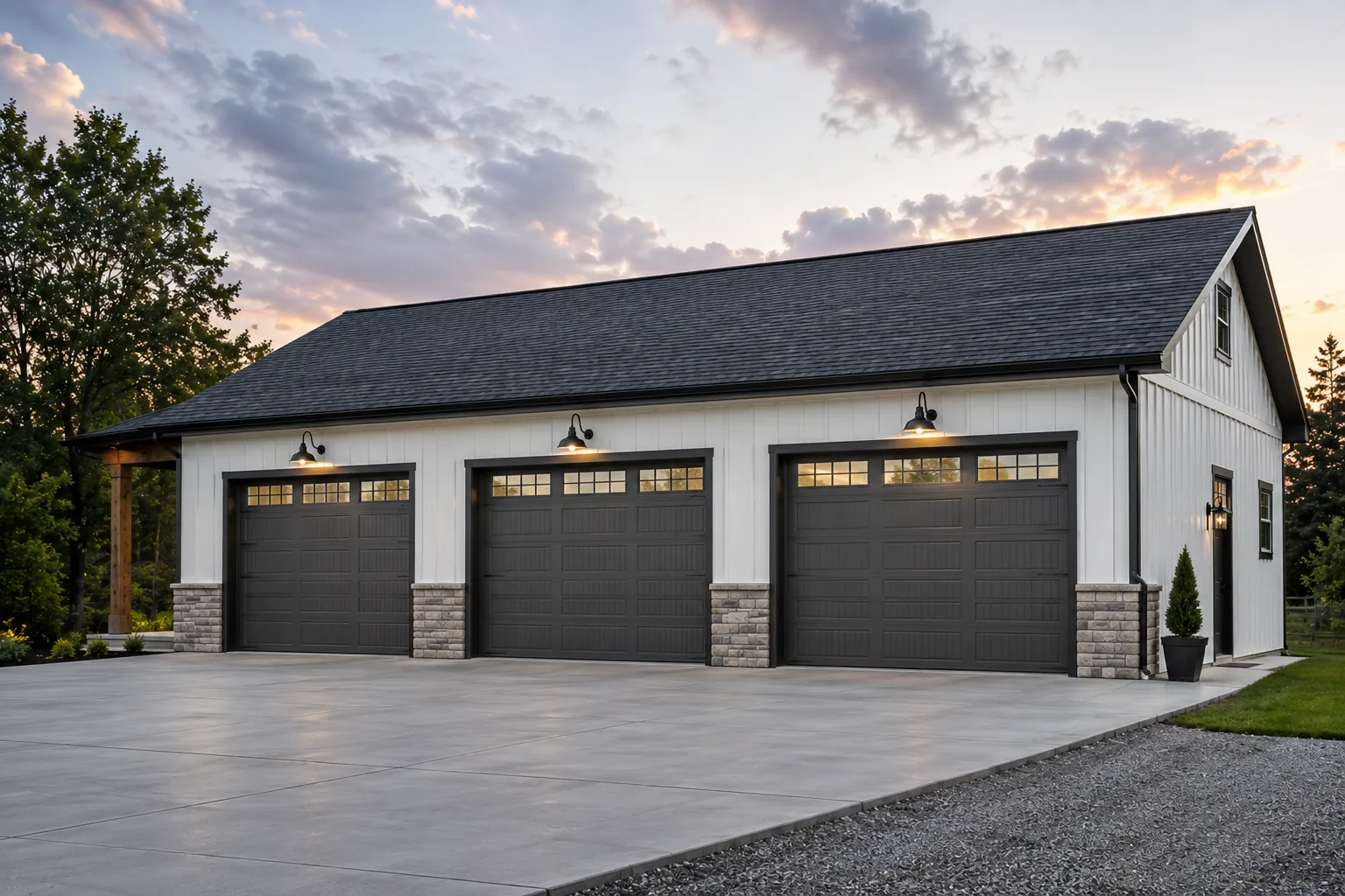 Three-bay detached garage with dark doors and a white gable roof